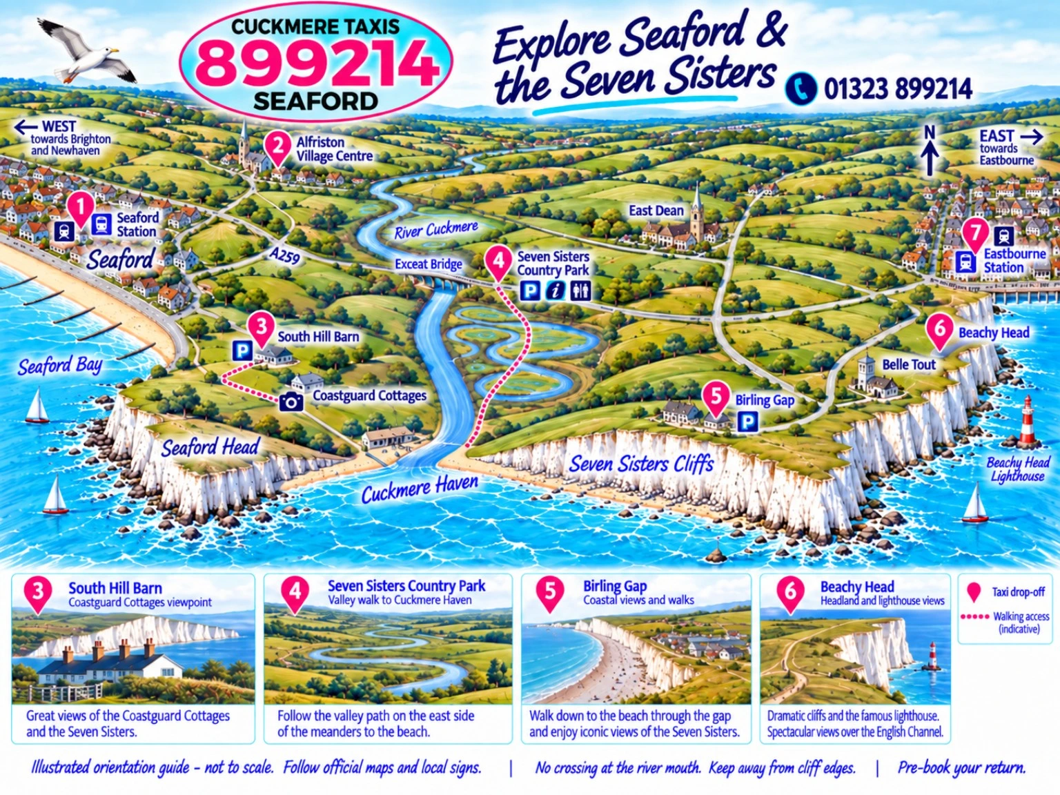 Illustrated Cuckmere Taxis map of Seaford Station, Alfriston, South Hill Barn, Seven Sisters Country Park, Birling Gap, Beachy Head and Eastbourne Station